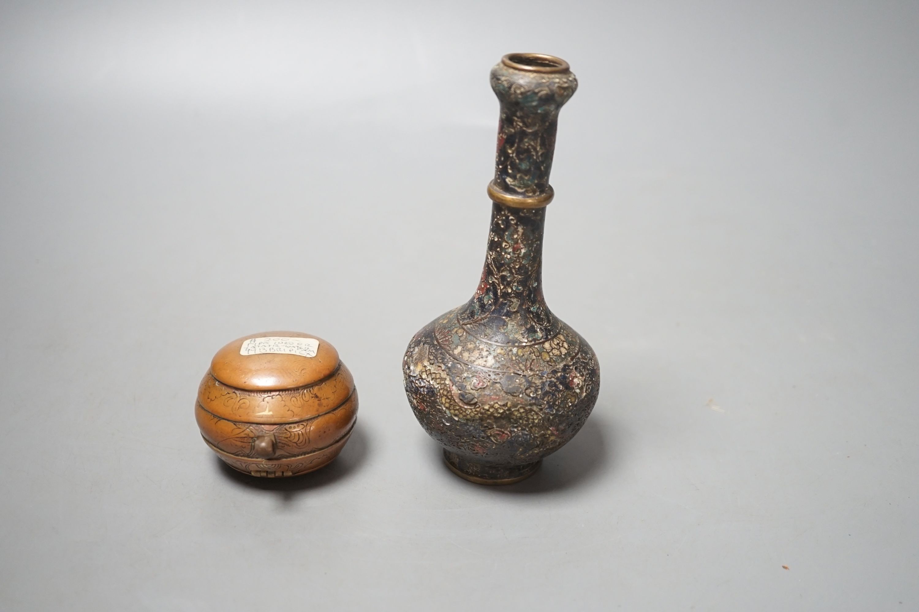 A Chinese cloisonné enamel vase, probably Qing period and a bronze box, tallest 15cm